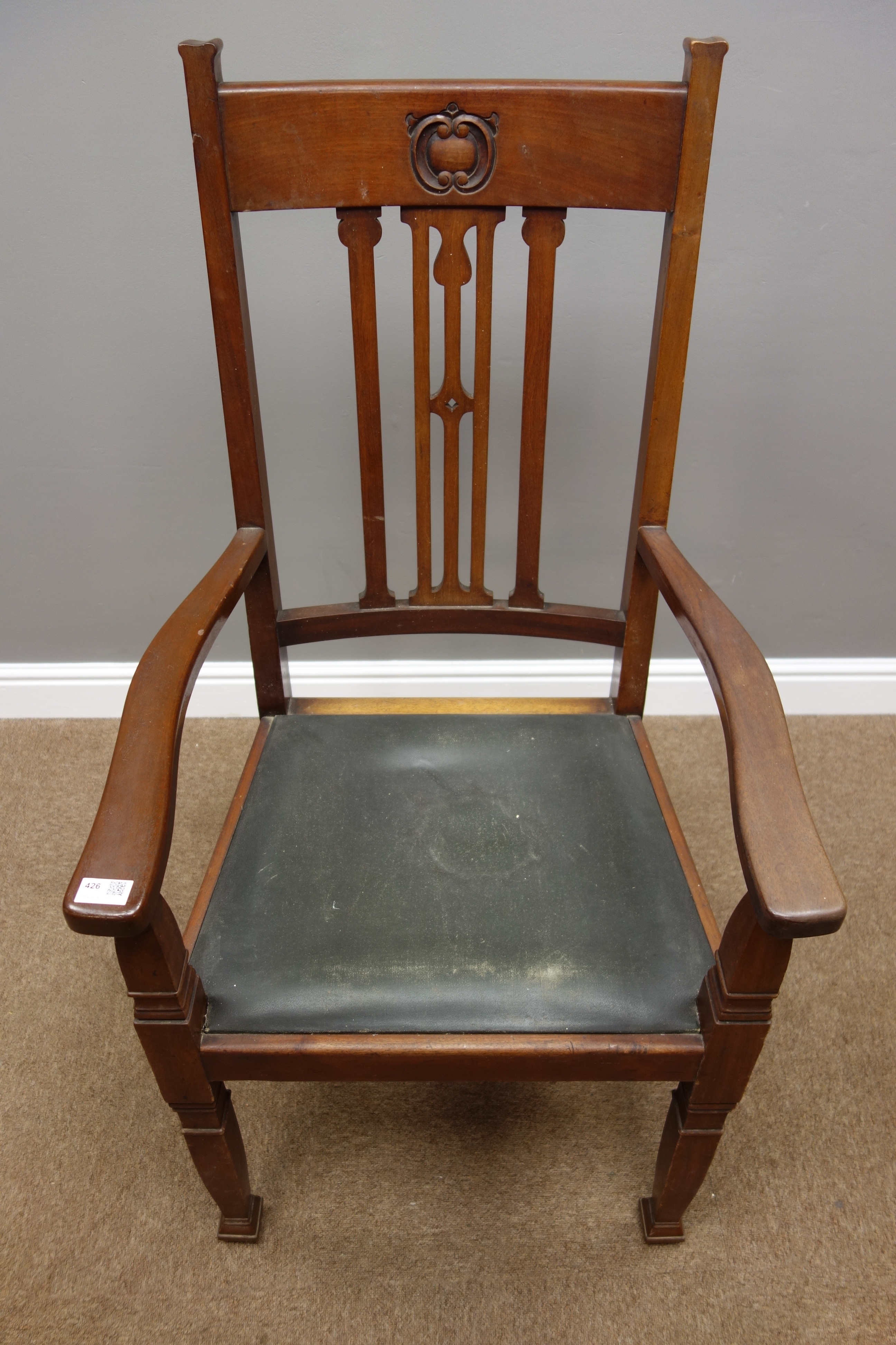 Arts and Crafts period mahogany framed armchair, stepped square tapering supports, - Image 2 of 2
