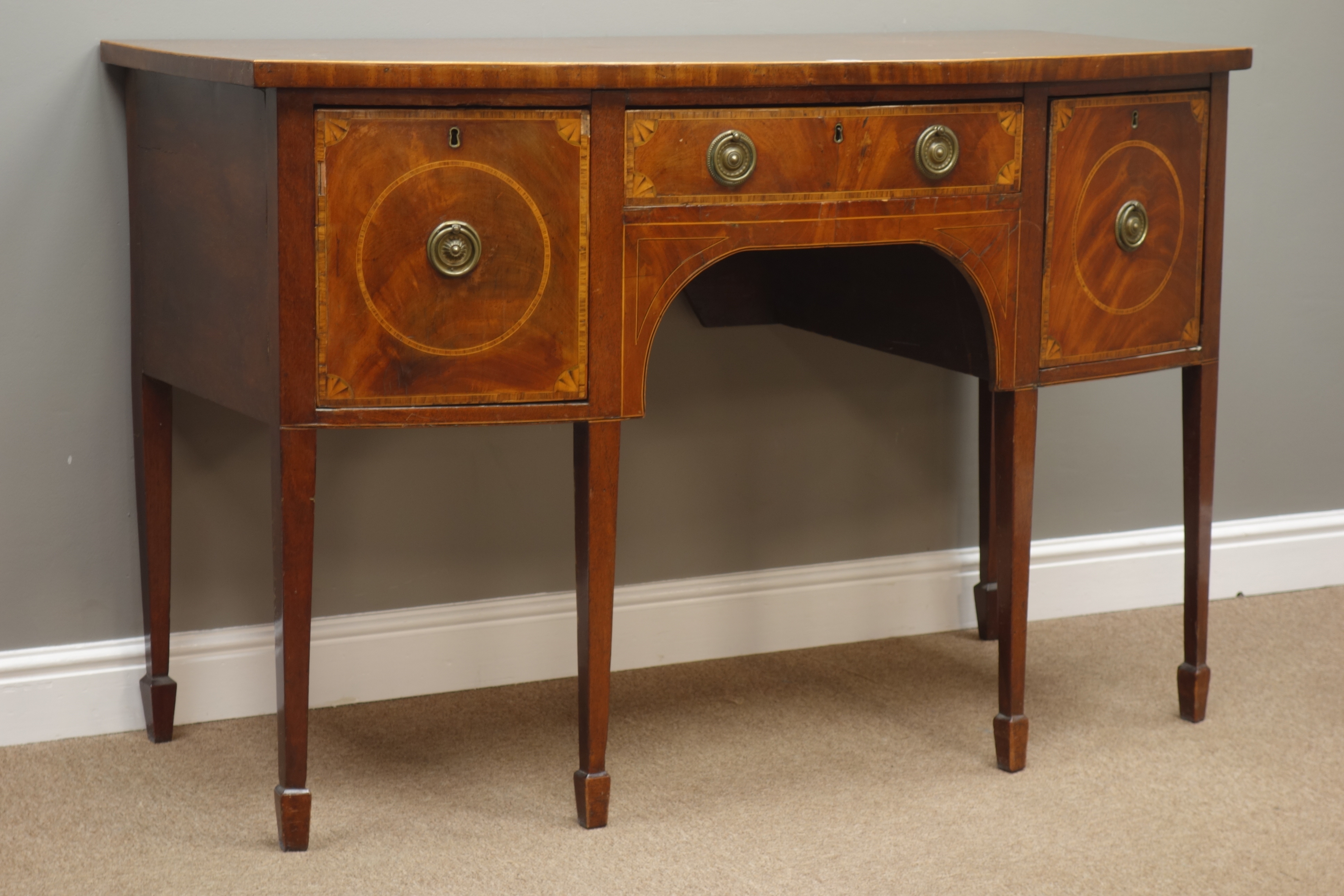 George III mahogany bow front sideboard, centre drawer, two cupboards, - Image 2 of 9