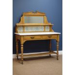 Edwardian ash washstand, raised mirror back, marble top above two drawers, W113cm, H135cm,