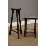 20th century bobbin turned stool with carved top 'MJW 1900' and a country pine stool