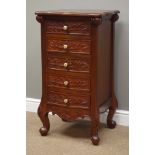 Victorian style mahogany five drawer pedestal chest, carved detail, W50cm, H91cm,