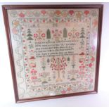 Victorian sampler, worked by Elizabeth Close, aged 18, depicting Adam and Eve dated 1853, W60 x H62.