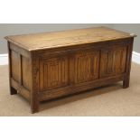 Medium oak blanket box, linen fold panelled front, hinged lid, W106cm, H50cm,