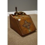 Edwardian elm fall front coal box with brass handle and scuttle, W32cm, H27cm,