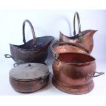 Three copper coal scuttles and a copper pan with cover (4) Condition Report <a