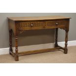 Medium oak console table, single drawer, turned supports, W115cm, H73cm,