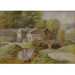 Lake District Farmstead and Bridge, watercolour signed by John Snowden (British exh.
