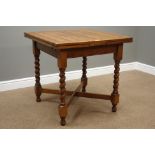 20th century oak drawer leaf extending dining table, on barley twist supports, 77cm x 77cm,