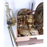 Early 19th Century brass candlestick, pair brass vases, kettle, brass chargers,