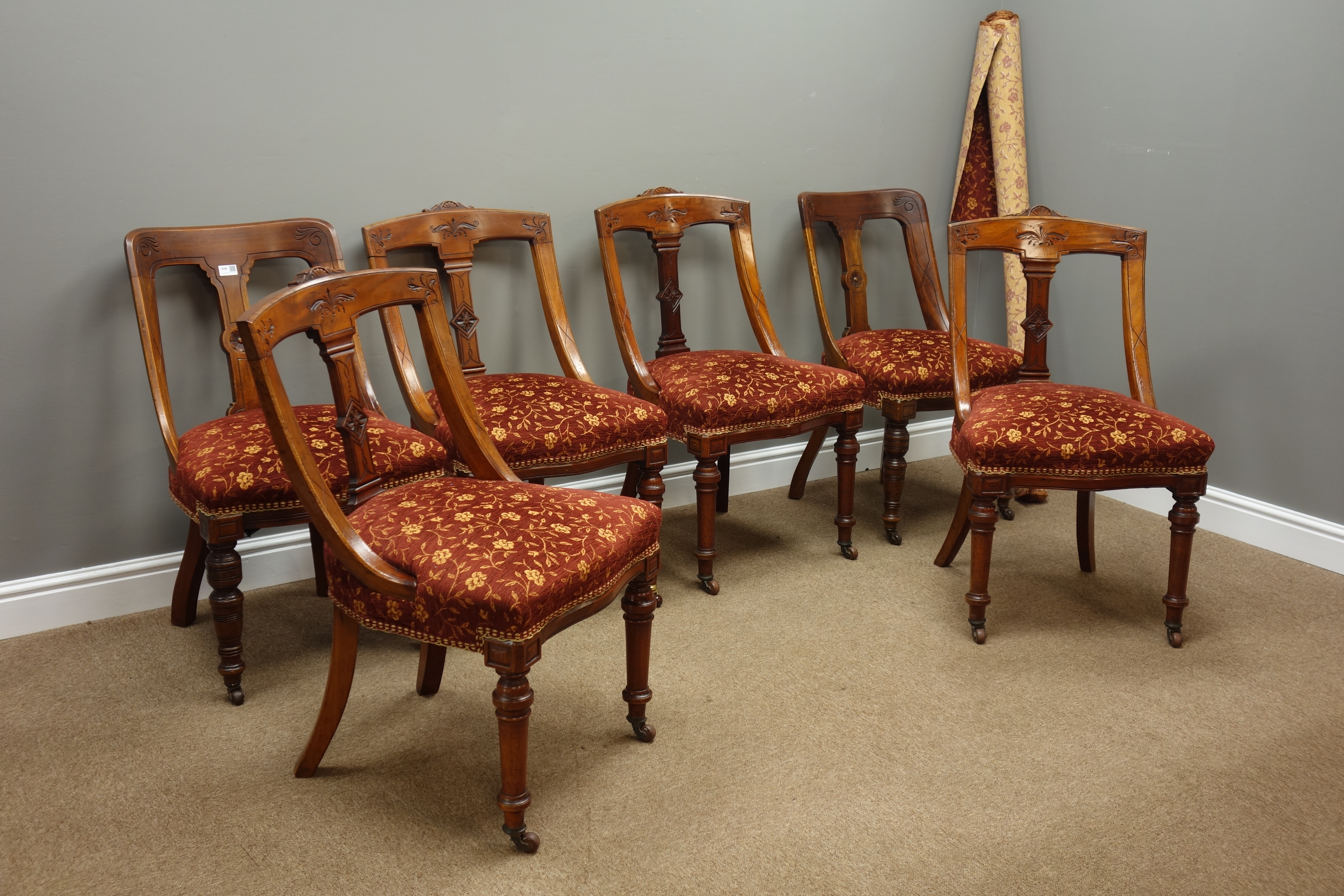 Harlequin set six late Victorian walnut dining chairs, carved detail,