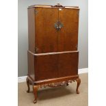 Reproduction figured walnut drinks cabinet, with mirrored interior, carved detail, W92cm, H161cm,