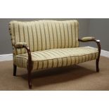 Early 20th century two seat mahogany framed settee, scrolled arm supports,