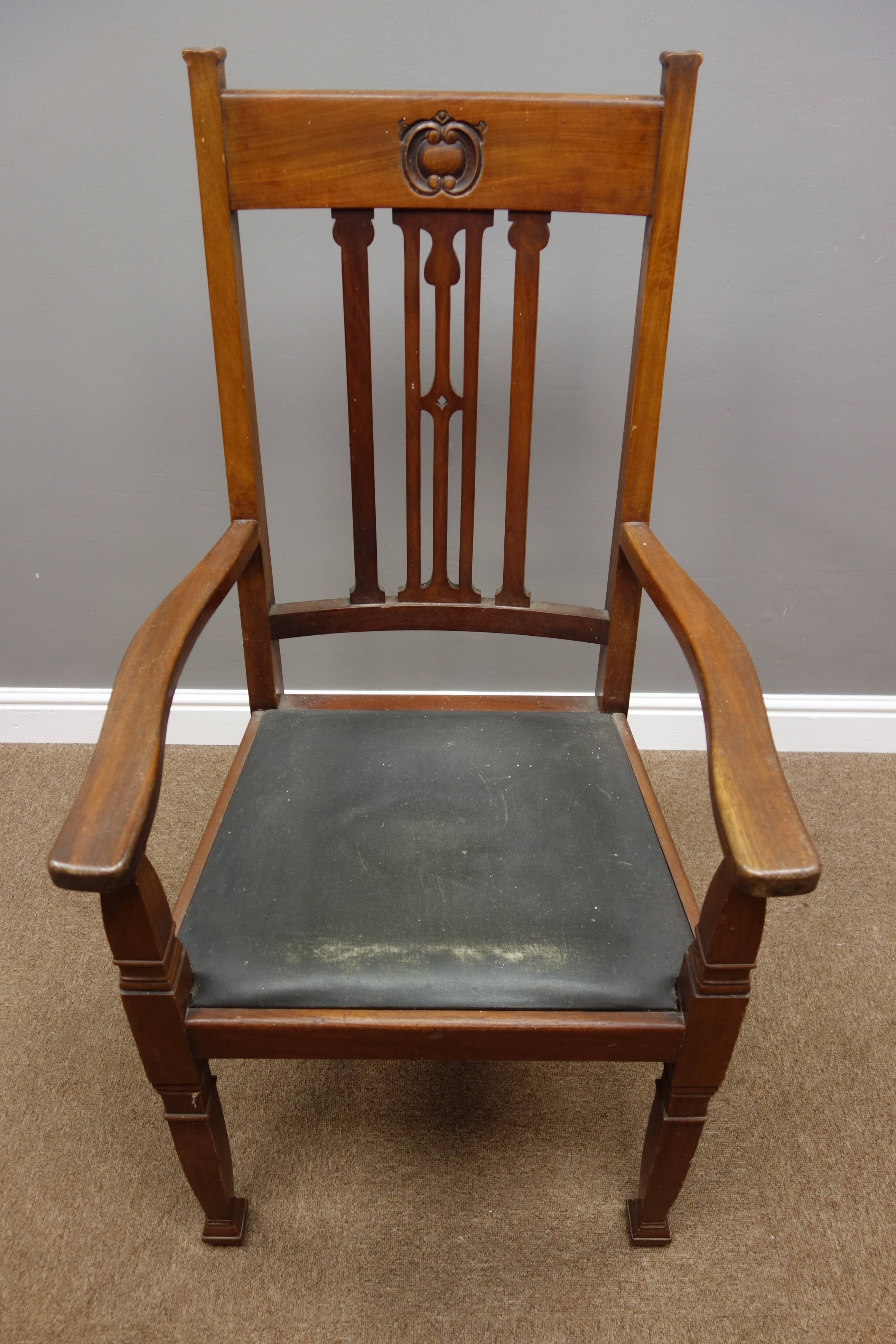 Arts and Crafts period mahogany framed armchair, stepped square tapering supports, - Image 2 of 2