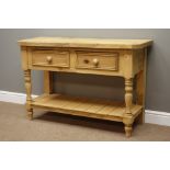 Pine dresser base with two drawer and pot board base, W117cm, H77cm,