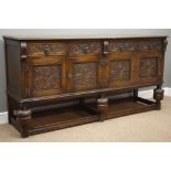 Medium oak dresser, four drawers and four cupboards, with relief carved decoration, W188cm, H94cm,