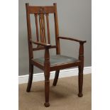 Arts and Crafts period mahogany framed armchair, stepped square tapering supports,