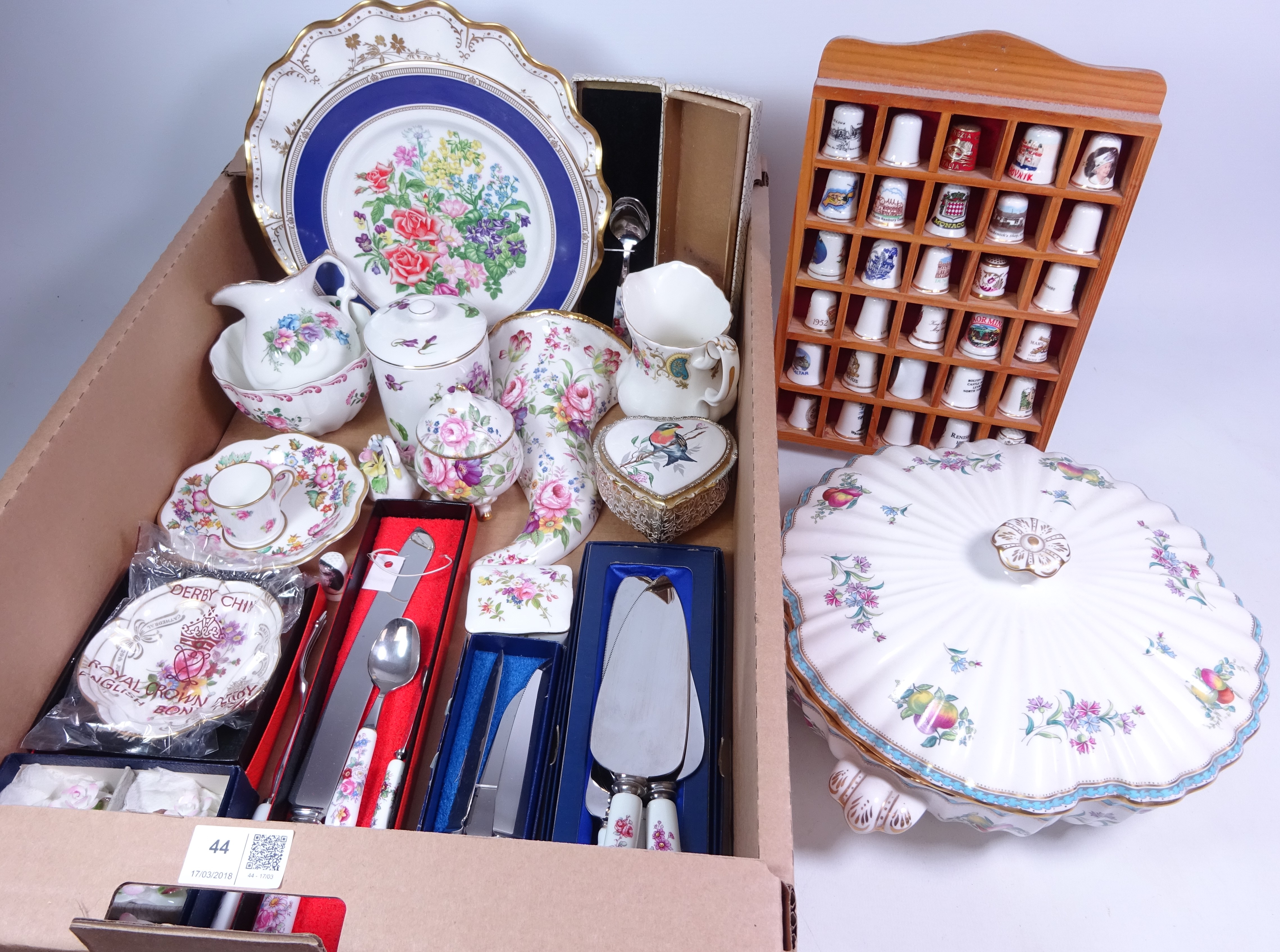 Royal Crown Derby dish, Royal St James gilded plate, cake servers and other flatware,