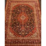 Persian Kashan blue and red ground rug carpet, interlacing floral design,