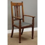 Arts and Crafts period mahogany framed armchair, stepped square tapering supports,
