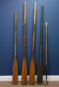 Pair of vintage rowing oars, two other oars and a boat hook,