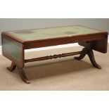 Reproduction mahogany drop leaf coffee table with inset leather top, 106cm x 54cm,