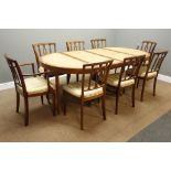 Reproduction mahogany dining table, extending top with inset leather,