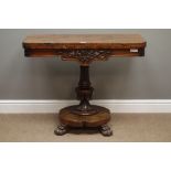 Regency period rosewood card table, fold over top with circular inset leather surface,