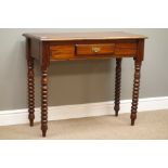 Reproduction mahogany console table, single drawer, bobbin turned supports, W92cm, H76cm,