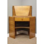 Art Deco period walnut corner desk, fall front with fitted interior, drawer and undertier, W97cm,