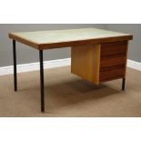 1970s retro teak and metal framed desk, three drawers, 122cm x 76cm,