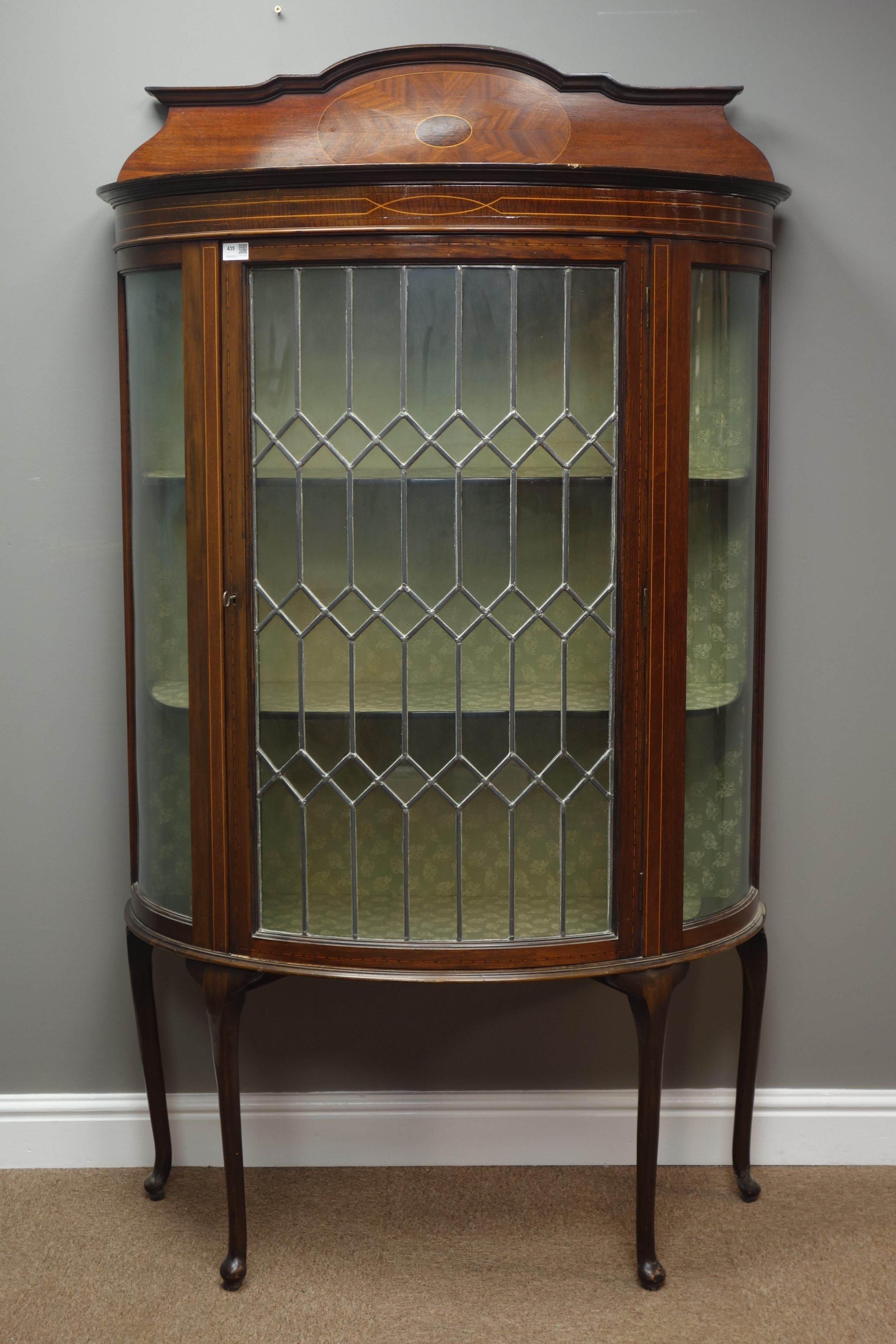 Edwardian inlaid mahogany display cabinet, demi-lune front, raised back with segmented inlay,
