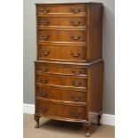 Reproduction mahogany bow front chest on chest, eight graduating drawers, W66cm, H139cm,
