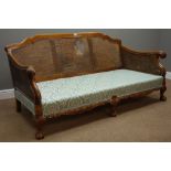 Reproduction walnut three seat bergère sofa, ball and claw feet, W178cm, H84cm,