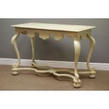 Distressed painted and waxed console table, moulded rectangular top above shaped skirt,