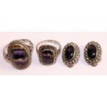 Pair of Blue John and marcasite silver ear-rings and two similar rings stamped Condition