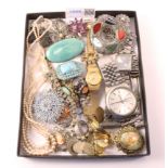 Ruskin pottery brooch, hallmarked silver and other brooches, necklaces,