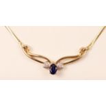 Oval cut sapphire and diamond gold necklace stamped 9k Condition Report <a