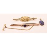 9ct rose gold three stone amethyst bar brooch hallmarked,