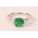 18ct white gold round emerald and pear shape diamond three stone ring hallmarked