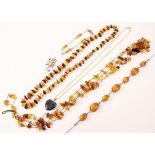 Three amber bead necklaces, silver amber bracelet stamped 925,