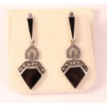 Pair of black onyx and marcasite silver dress ear-rings stamped 925 Condition Report