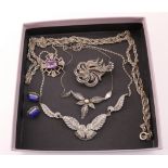 Two marcasite necklaces, silver marcasite brooch, silver Scottish amethyst brooch,