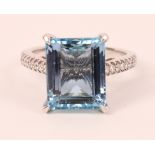 Emerald cut aquamarine and diamond white gold ring hallmarked 18ct Condition Report