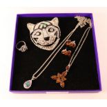 Silver amber pendant necklace and matching ear-rings stamped 925,