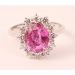 18ct white gold oval pink sapphire and diamond cluster ring hallmarked Condition Report