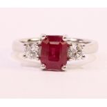 18ct white gold three stone emerald cut ruby and round brilliant cut diamond ring hallmarked