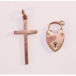 9ct rose gold cross pendant hallmarked and rose gold heart locket tested to 9ct approx 4.