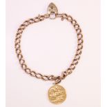 9ct rose gold link curb chain bracelet hallmarked with 1910 gold sovereign charm approx 18.