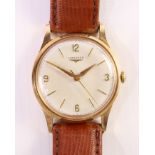 Gentleman's Longines 9ct gold mechanical wristwatch 30LS no 11653171 Birmingham 1988 on brown