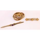 Gold and seed pearl bar brooch stamped 15,